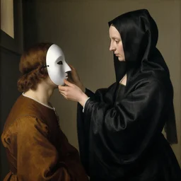 a cloaked woman removes a mask from her friend's face, by jan van eyck,
