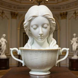 full head and shoulders, beautiful female porcelain sculpture, smooth, painted willow tea cup features, delicate facial features, white eyes, white lashes, giant sculpture in ornate french ballroom, by daniel arsham and jeff moons