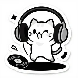 svg sticker of a Dancing-Cat, at a rave, spinning records, giant headphones rocking out, wearing headphones, huge speakers, dancing, rave, DJ, spinning records, digital art, amazing composition, rule-of-thirds, award-winning, trending on artstation, featured on deviantart
