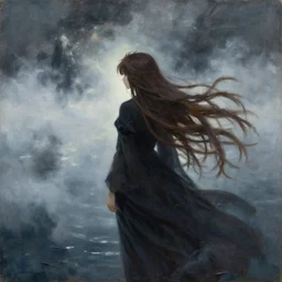 baroque oil painting of anime key visual environment concept art of of wanderer above the sea of fog 1 8 1 8 but with anime girl, long flowing brown hair, grimdark fantasy, acrylic painting, trending on pixiv fanbox, palette knife and brush strokes, style of makoto shinkai jamie wyeth james gilleard edward hopper greg rutkowski studio ghibli genshin impact