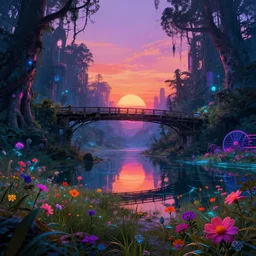 a beautiful detailed illustration of bridge abandoned by ron walotsky, fantasy alien rainforest landscape laser meadow thermal vision at dawn magic realism cyberpunk lake sunset neon noir flowers synthwave tokyo retrowave vaporwave reclaimed by nature lightpaint bladerunner 2 0 4 9 nightvision nature, archdaily, wallpaper, highly detailed, trending on artstation.