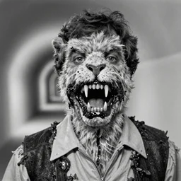 70s movie still close-up portrait of a man with a taxidermic bloody jaws and meat dress in a liminal space style tunnel, early black and white 8mm, heavy grain, high quality,
