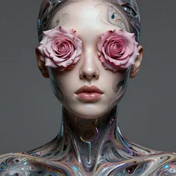 portrait of a female face with roses instead of eyes. roses, intricate abstract upper body intricate artwork, by tooth wu, wlop, beeple, dan mumford. concept art, octane render, deviantart, greg rutkowski, cinematic arthouse, key art, hyper realism, iridescent accents