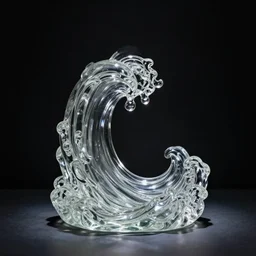a transparent glass statue made of waves in a dark room with no light