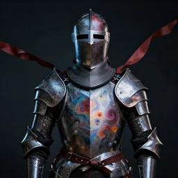 a portrait of a knight with body paint, half figure, fractal shapes, cinematic lighting, ribbons,