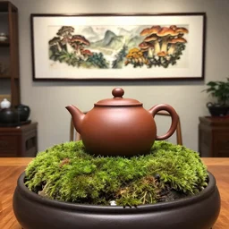 wood - fired taiwanese teapot in pacific northwest tea house, moss, reishi mushrooms, interior art design, j - tea international teahouse
