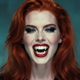 style of yoji shinkawa, rafael albuquerque : : gorgeous vampire amy adams : : sharp teeth fangs, open mouth sneer : : symmetrical face, symmetrical eyes : : gorgeous red hair : : magic lighting, low spacial lighting : :