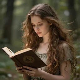 a girl reading a book, hair flowing down, 8 k, hyperrealistic, hyperdetailed, fantasy portrait by laura sava, singular woman