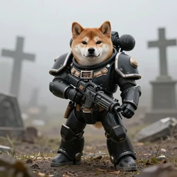 anthropomorphic shiba inu on hill, wearing warhammer 4 0 k black exoskeleton power armor without helmet, holding sci - fi laser gatling gun, post apocalyptic foggy graveyard background