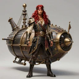 full body shot of male airship pirate, D&D, handsome, fantasy, intricate, long hair, airship, steampunk, red hair, elegant, highly detailed, digital painting, artstation, concept art, smooth, sharp focus, illustration, art by artgerm and greg rutkowski and alphonse mucha