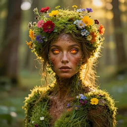 beautiful portrait of a forest dryad, her skin made of grass and moss, colorful flowers growing from her head, brown skin like soil, ember eyes, golden sunlight, extremely detailed, hyperrealistic, photo by annie leibovitz, masterpiece, award-winning