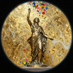 An epic fantastic realism comic book style painting of a blessed bronze sculpture from the future by Stanislaw Szukalski, beautiful colorful flowers rain down, gilded marbled paper overlay, fisheye lens, unreal 5, DAZ, hyperrealistic, octane render, dynamic lighting