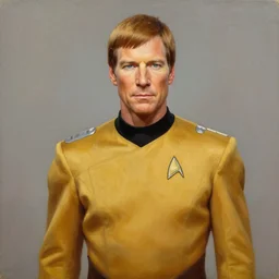 oil portrait of captain kirk in his gold uniform on the starship enterprise. star trek. oil painting, highly detailed, centered, artstation, concept art, smooth, sharp focus, illustration, artgerm, vermeer, hans peter mohrbacher, donato giancola, joseph christian leyendecker, drew struzan