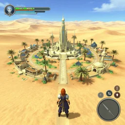 an isolated inhabited religious warrior village with pale colored spiritual sacred alien architecture in the lush oasis of a vast hot sand desert, 3 rd person action adventure, let's play, walkthrough, screenshot, gameplay, final fantasy, ffx, ff 8, chrono trigger, square enix, jrpg, cutscene, unreal engine, 4 k, rtx, next gen