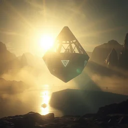 sci - fi space base, bad omens, a floating magnificent tetrahedron spacecraft!! medium long shot. mist, sunrays, dust in the air, unreal engine, octane render, dramatic lighting, lake, ultra clear detailed. digital art, by stanley artgerm lau, greg rutkowski, thomas kindkade, alphonse mucha, loish, norman