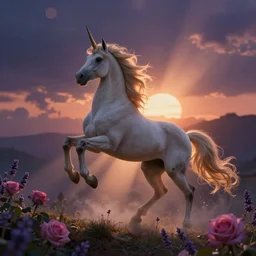 Stills from The Last Unicorn, god rays, dynamic poses, bloom, volumetric fog, moody ambiance, cinematic lighting, twilight, sunset, rose and lavender and amber color grading, Bouguereau, James Gurney, Alphonse Mucha, fantasy, portfolio illustration, highly detailed, trending on Artstation, CGsociety, HQ, 8k, 35mm lens, f2.8, Bokeh,
