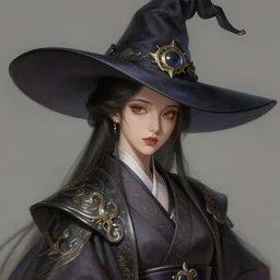 portrait of Korean female wearing futuristic witch hat and robes, expressive pose, intricate, elegant, highly detailed, digital painting, artstation, concept art, smooth, sharp focus, illustration, art by artgerm and greg rutkowski and alphonse mucha
