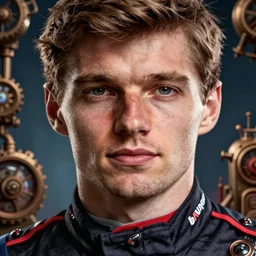 portrait of max verstappen, face to camera, steampunk art, realistic face,, super high detail, super high quality, talented artist, trending on artstation, machinarium