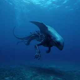 Alien Leviathan swimming underwater on the ocean bed on an alien world, deep blue water color, cinematic perspective, matte painting, Artstation