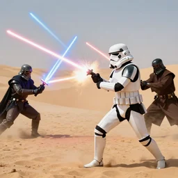 Action shot of stormtrooper having a firefight with jedi knights, lightsabers and lasers, desert