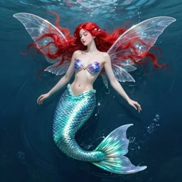 highly detailed mermaid fairy with red hair and wings made of water