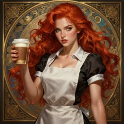 an waitress with short sleeves holding coffee, muscular, sweaty skin, goddess, flowing red hair, wet, perfectly-centered-Portrait of a most beautiful woman it the world, intricate, highly detailed, digital painting, artstation, concept art, smooth, sharp focus, illustration, Unreal Engine 5, 8K, art by artgerm and greg rutkowski and alphonse mucha