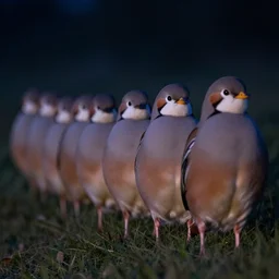 midnight, a row of fat bearded reedlings