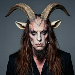 actor Ozzy Osborne in Elaborate Pan Satyr Goat Man Makeup and prosthetics designed by Rick Baker, Hyperreal, Head Shots Photographed in the Style of Annie Leibovitz, Studio Lighting