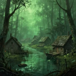 lovecraftian fishing village, swamp, digital art, green ambient light, trending artstation, 4 k, masterpiece