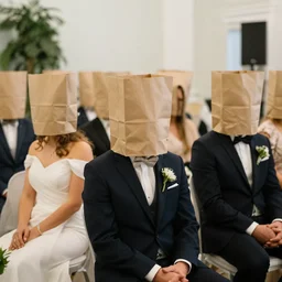 wedding with paper bags over the heads of all attendees