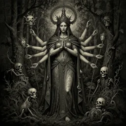 full body portrait of marzanna slavic goddess associated with with six arms seasonal rites based on the idea of death and rebirth of nature concept art zdzisław beksinski, full body!! contour light effect!! hd, 4 k, ultra clear detailed : dark color gamma
