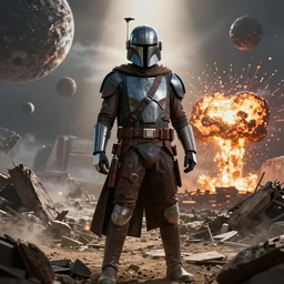 mandalorian by beksinski  on background with destroyed planets and atomic bomb explosion, backlight