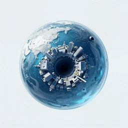 a giant sphere of water orbiting a star falling into a black hole there is a city inside a forcefield inside the globe of water that is being spaghettified, amazing detail, vivid colors, highly detailed, realistic reflections