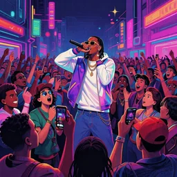 superstar raps for wild crowd, hip hop, vaporwave, abstract, neon, detailed, illustrated by Liechtenstein, 4k