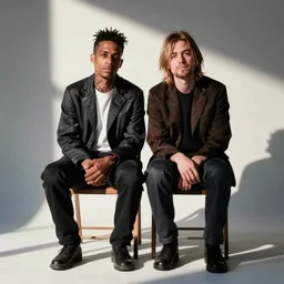 basquiat with kurt cobain photographed by annie leibovitz in a hi end photo studio, color, photorealistic,