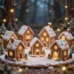 closeup of miniature gingerbread candy village, colorful, fantasy, fairytale, forest, fireflies, flowers, halloween, christmas, snow, hansel and gretel, bokeh, depth of field 1 0 0 mm, cinematic scene, studio quality, unreal engine, octane render, trending on artstation, artgerm, cgsociety