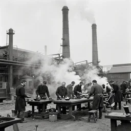 industrial revolution, mill workers, smoke, photographic
