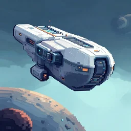 pixel art of giant angular landing craft landing on an alien planet, sci - fi, huge saturn with rings in the background, vibrant nebula, strange rock formations, rolling hills, atmospheric, misty, artstation, deviantart