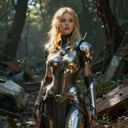 an intricate concept painting of a futuristic woman standing in a junkyard undergrowth, style ivan talavera and artgerm, radiant lighting, hyper realistic, photorealisitc, octane render, artstation, cgsociety, cinematic light, global illumination, sci - fi