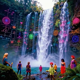 magical vibrant waterfalls, infinite mathematical calculations sigils, dramatic bright neon colors, highly detailed, cinematic, synthwave, robert morello, vladimir kush, chris foss, roger dean, michael whelan, bruce pennington, lisa frank, bob eggleton, alfred kelsner, kubrick, wojtek suidmak