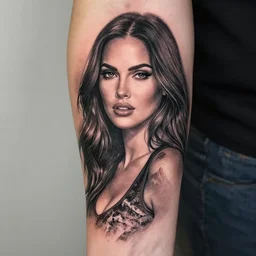 creative double exposure effect tattoo design sketch of megan fox with beautiful mountains, realism tattoo, in the style of matteo pasqualin, amazing detail, sharp