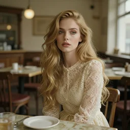 cinestill 5 0 d wide portrait of a dreamy dystopian beautiful woman by annie liebovitz sitting in a decrepit communist cafe, long hair, wearing long lace, elegant, highly detailed, pale gold matt, soft blur, artstation, sharp focus, head in focus