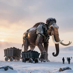 “photo color of one biomechanical giant elephant/wagon/mamouth in an arctic storm with fog and blizzard, the mammoth drags old gigantic coal wagons with snow, it's a sunset photo with cold tones, some people around ”
