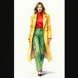 digital watercolor painting of beautiful woman wearing a red top, green cargo pants, long tailored yellow coat, thomas karpi, taras susak, artstation, intricated, detailed, full body shot