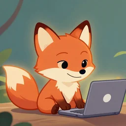 icon of a cute fox sitting in front of laptop, cartoon, disney style, vivid colors, orange glow