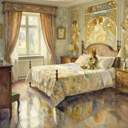 a beautifull intricate watercolour painting of a bed room, reflexions, verry high details by william turner art, greg rutkowski and alphonse mucha, trending on artstation, very very detailed, masterpiece, muted colors