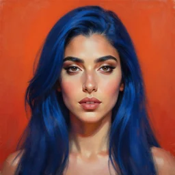 portait of haifa wehbe, perfect lips, long hair blue centred, hd, very detailed curve, digital painting, art painting, unreal engine, final fantasy style, amazing red orange background theme