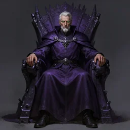 a full length portrait of an old medieval king on the cyberpunk throne, green eyes, dark purple color scheme, grim - lighting, high - contrast, intricate, elegant, highly detailed, digital painting, artstation, concept art, smooth, sharp focus, illustration