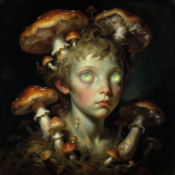 baroque neoclassicist close - up sci - fi portrait of a young alien boy overgrown with mushrooms and big glowing eyes. dark black ominous background, glowing atmosphere. highly detailed science fiction painting by norman rockwell, frank frazetta, and syd mead. rich colors, high contrast, gloomy atmosphere. trending on artstation and behance.