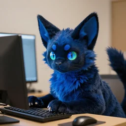a blue - and - black male catbat fursona with blue / green heterochromatic eyes ( differently - colored eyes, one green, one blue ) and huge bat ears, photo of the catbat streaming on his computer